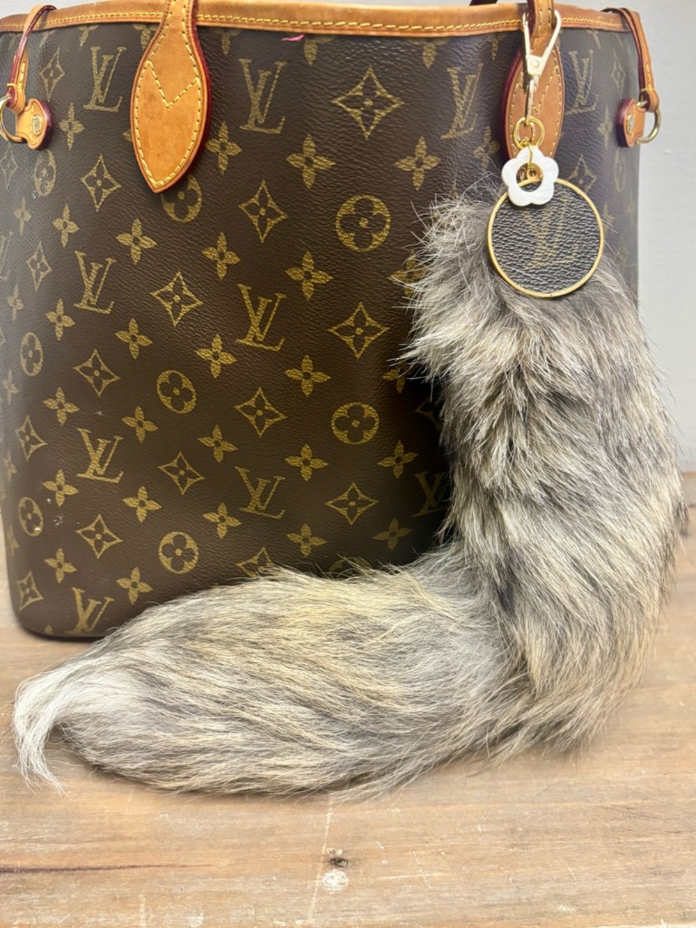 Louis Vuitton Monogram Disc, Faux Fox Fur Tail pendant/bag charm, 18 inches long